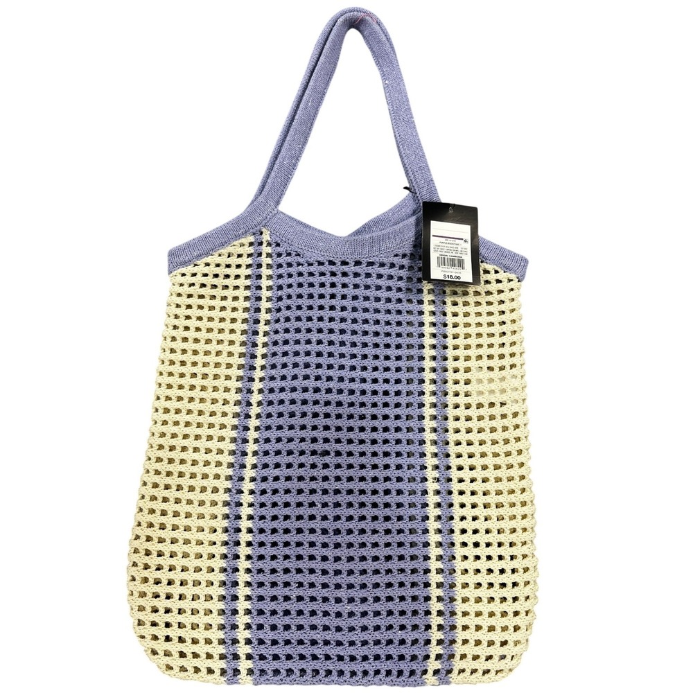 Wild Fable Women's One Size Purple Striped Crochet Boho Beach Tote Bag